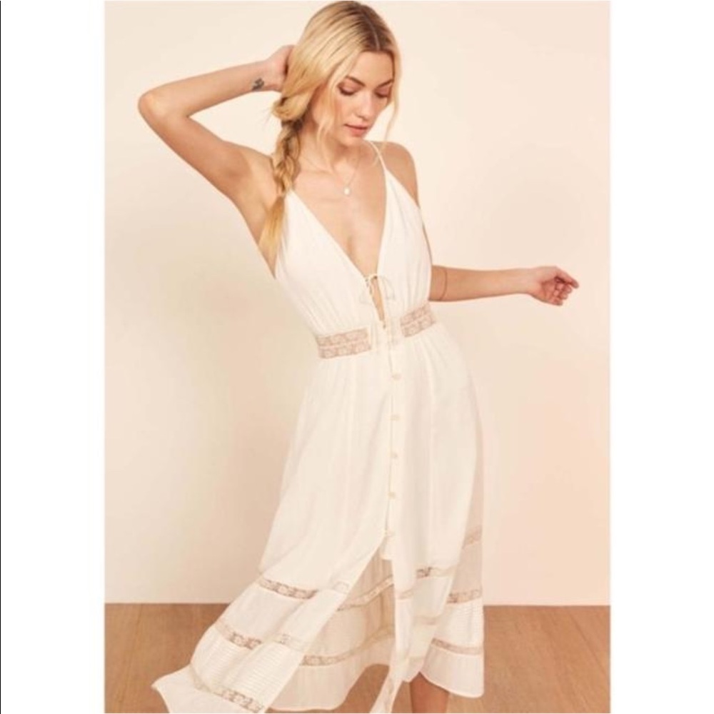Reformation Shelley Lace Trim Midi Dress, size 8